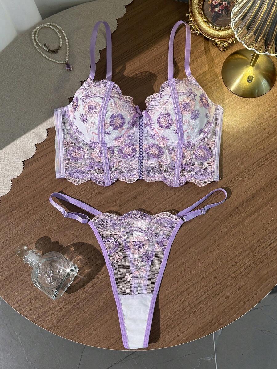 SHEIN 2件套女士白色浪漫长款文胸内衣套装 - 淡紫色 - 查看 1