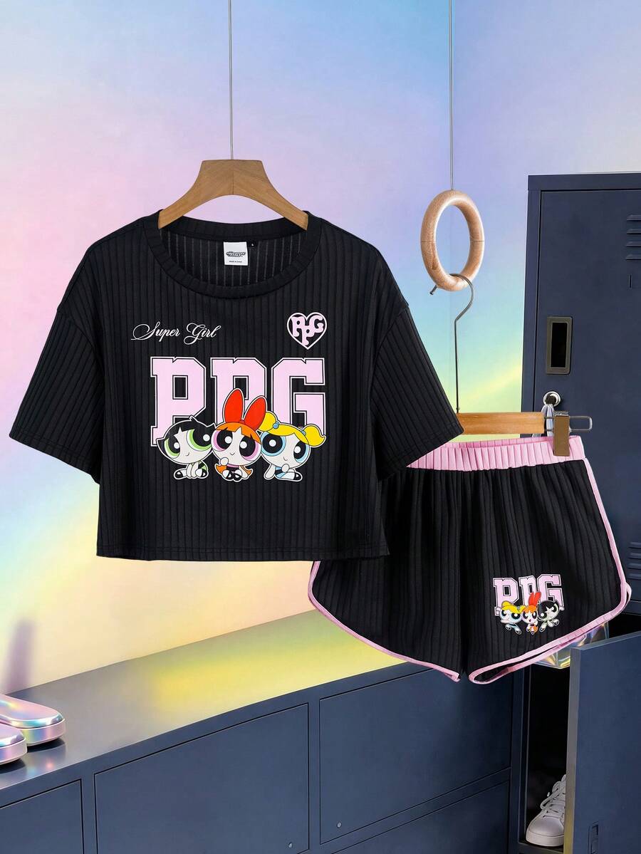 THE POWERPUFF GIRLS X SHEIN 女士卡通印花短袖T恤和短裤睡衣套装 - - 黑色 - 查看 1
