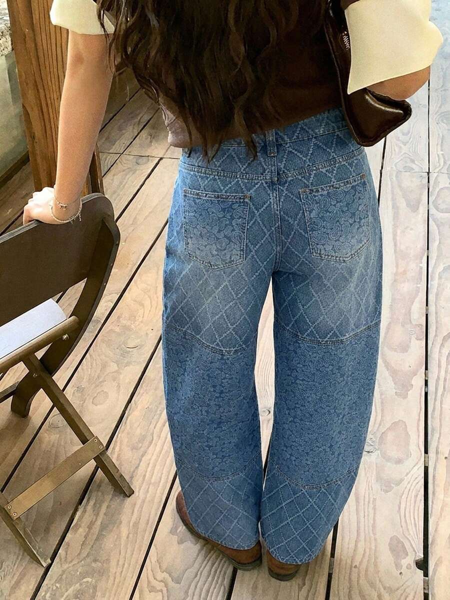 DAZY 女款拼接日系街頭風寬鬆寬腿休閒牛仔長褲 - 天藍色 - 查看 1