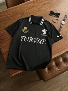 TOKVUE 男士休閒條紋 Polo 衫，刺繡領口短袖，適合儀式場合 - 黑色 - 查看 3