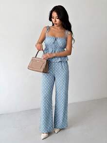 SHEIN PETITE 女款休閒可愛波西米亞風藍色圓點印花吊帶上衣與長褲兩件套，適合夏季、情人節穿搭，適合小個子女性海灘度假 - 淺藍色 - 查看 6