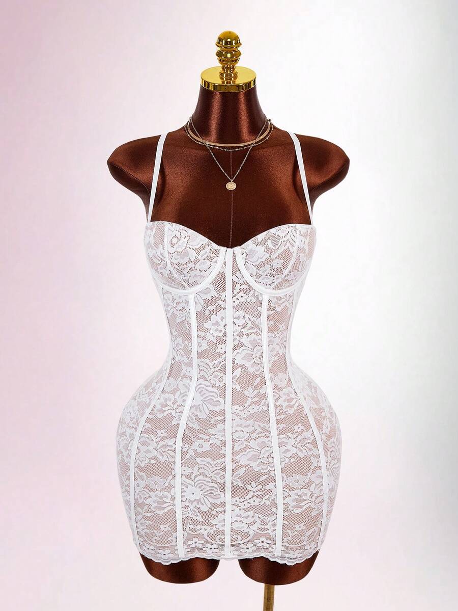 Amplova Women's Lace Date Night Out Night Out Club Night Club Night Club Night Mini Cami Dress White Floral Floral Floral Floral Floral Summer Sexy Bandage - Multicolor - View 1