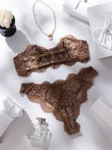 SHEIN Women's 2-Piece Lace Lingerie Set - Coffee Brown - View 2