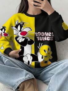 LOONEY TUNES X SHEIN 青少年女孩拼色可愛卡通圖案圓領保暖衛衣，秋季青少年女孩卡通印花上衣，卡通衛衣 - 白色 - 查看 3