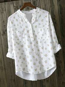 EMERY ROSE Camisa de mujer talla grande con estampado floral pequeño, cuello en V con muesca, bolsillo y abotonadura sencilla - Blanco - Ver 3