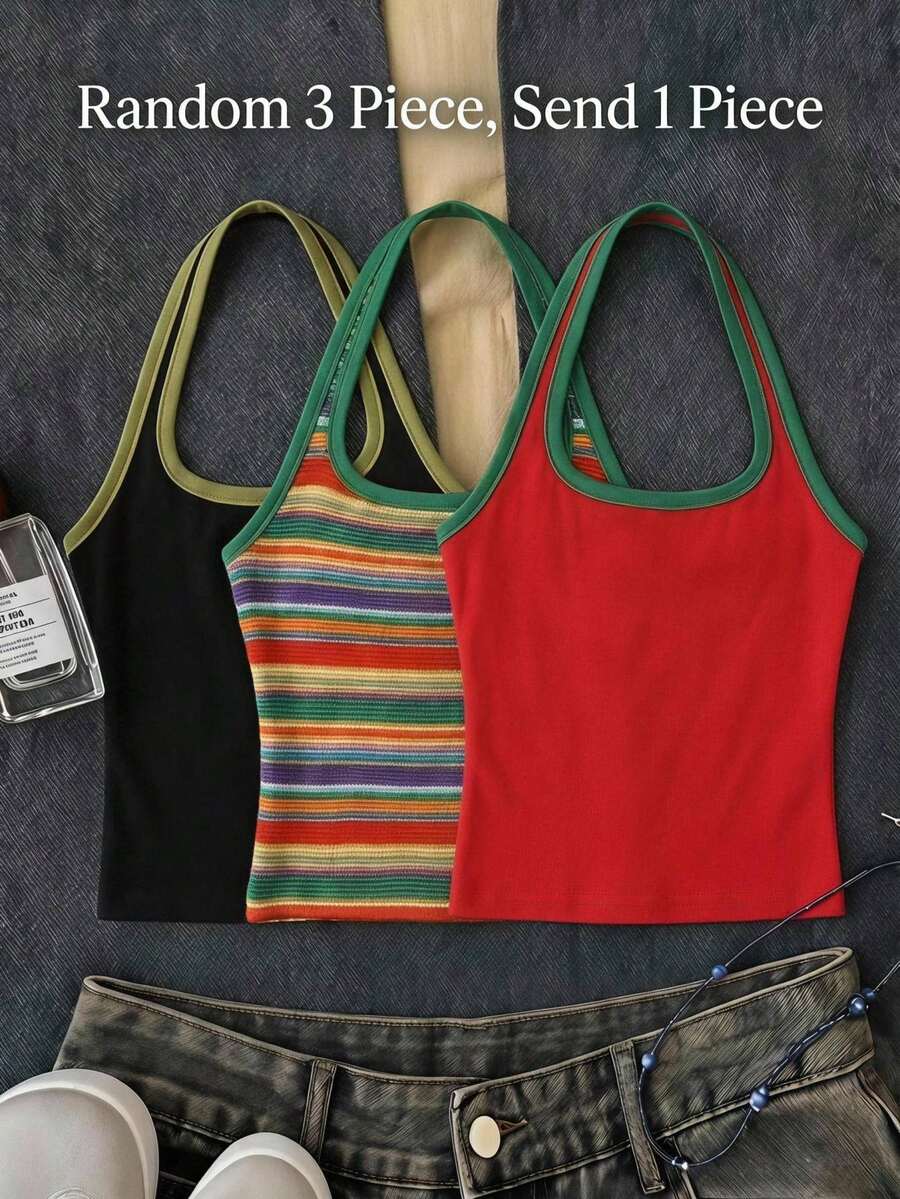 Pink Tween Striped Casual Backless Tank Top For Girls, A Fitted Summer Tank Top Perfect For Summer Wear, Offering A Relaxed And Comfortable Feel. Suit - Multicolor - View 1