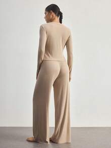 Ocili Women Solid Color Long Sleeve Top And Pants Pajama Set - Khaki - View 2