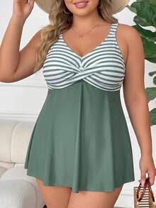 SHEIN CURVE+ 大尺碼女款橄欖綠印花細肩帶上衣高腰比基尼泳褲套裝 夏季海灘度假泳裙套裝 1920年代 Flapper 風格 - 彩色 - 查看 4