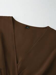 Franclia Plus Size Women's Solid Color Slub Fabric V-Neck Cinched Waist Belt With Large Metal Buckle Decor Pleated Cap Sleeve A-Line Brown Blouse Brunch Summer - Coffee Brown - View 4