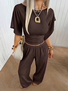 SHEIN EZwear Women's Solid Color Pleated Top And Elastic Waist Long Pants Casual Daily Set Brunch Dark Brown Summer - Coffee Brown - View 3