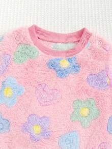 SHEIN 新生兒圓領花卉印花長袖秋冬上衣與長褲休閒日常套裝 - 粉色 - 查看 7