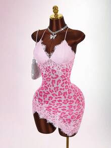 Amplova Women's Camisole Lace Leopard Print Patchwork Design Mini Dress - Pink - View 7