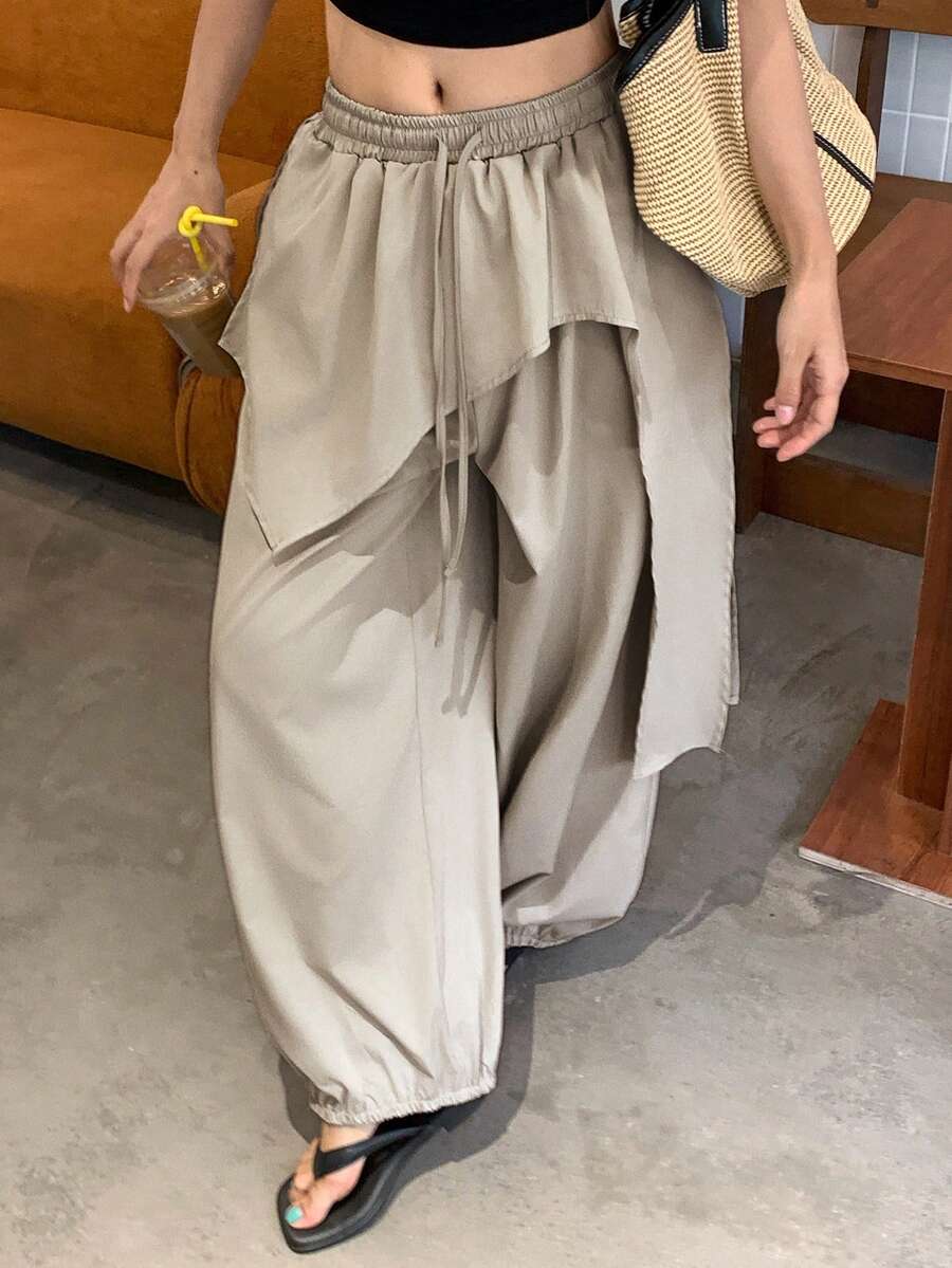DAZY Damen-Rock mit elastischem Bund und Kordelzug, locker geschnitten, Patchwork, urban, lässig, dezent, Downtown-Stil, für Urlaub in Thailand, Grau, Herbst, Laternenhose, süße Oberteile - Grau - Übersicht 1