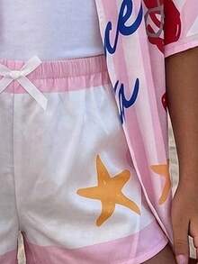 Travachic KIDS Tween Girl Cute Versatile Vacation Striped Shirt Elastic Waist Shorts 3-Piece Set - Pink - View 4