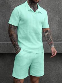 Manfinity CasualCool 男士紋理寬鬆短袖休閒 Polo 衫套裝 - 薄荷綠 - 查看 2