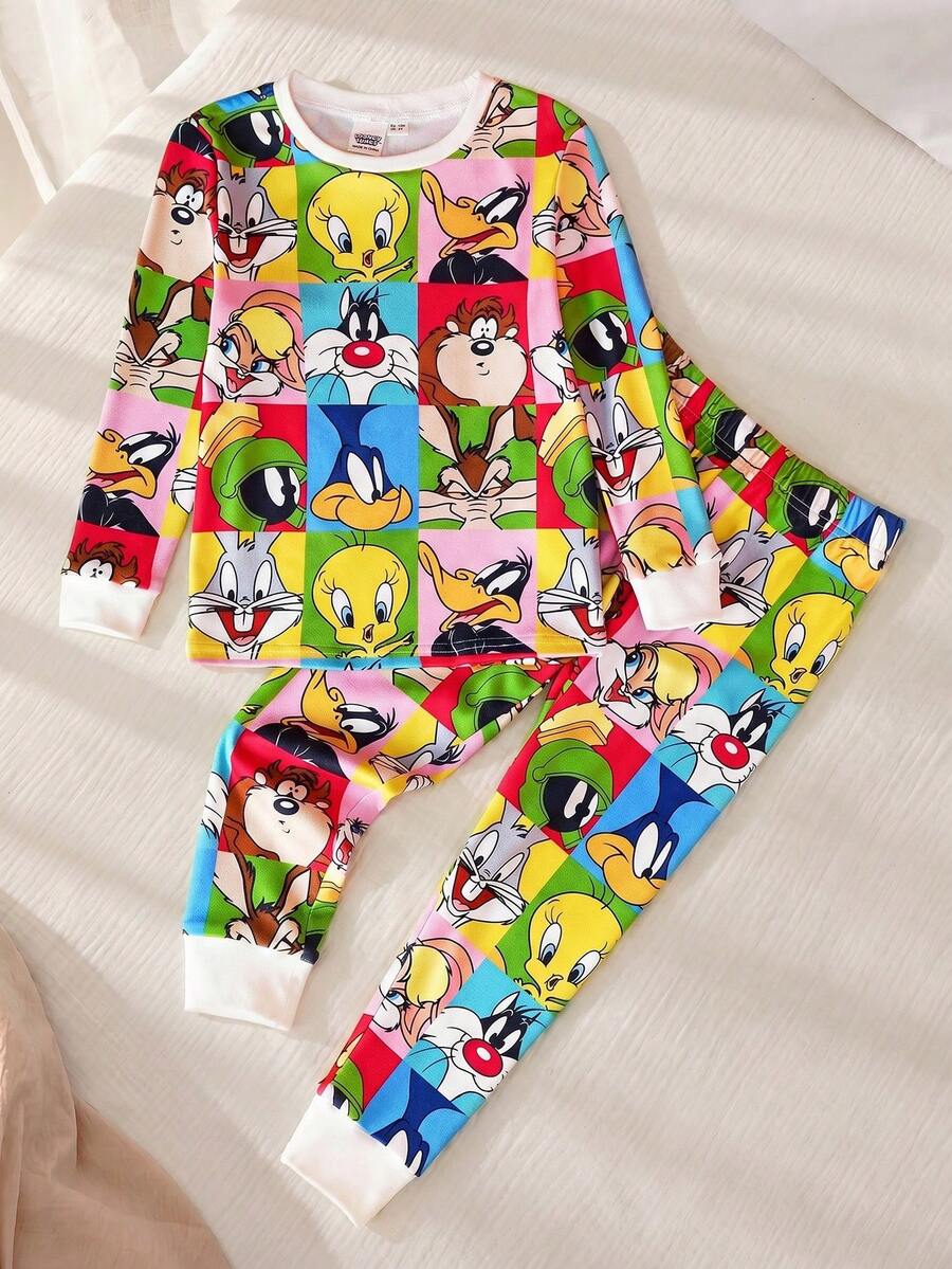 LOONEY TUNES X SHEIN 小男孩卡通猫狗彩色格子多巴胺印花长袖T恤和长裤睡衣套装 - 彩色 - 查看 1