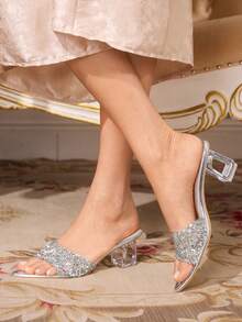 CUCCOO TILAWA Transparent Asymmetrical Thick Heel Pointed Women's Glass Rhinestone Sandals - Bright silver - View 6