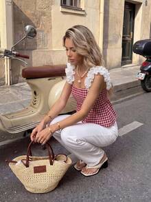 Serisse Blusa de tirantes con volantes y dobladillo con volantes a cuadros para mujer - Rojo y blanco - Ver 6