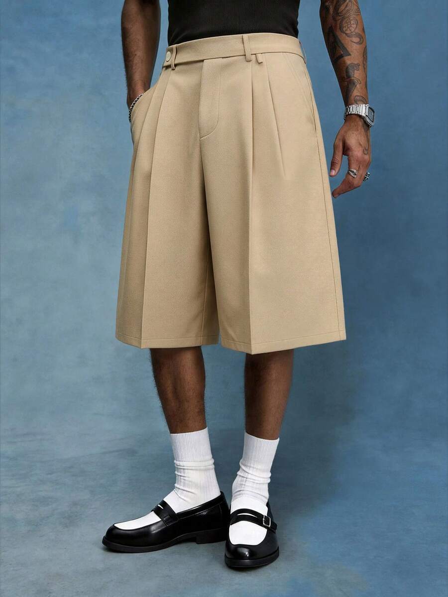 PAVTROS Quần short nam màu trơn xếp ly phong cách casual đa năng mặc hàng ngày đi chơi - Màu Khaki - Xem 1