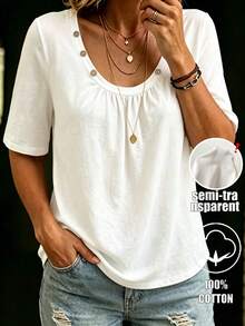 Balvessa White U-Neck Pleated Button Decor Casual Short Sleeve Women's T-Shirt - White - View 1