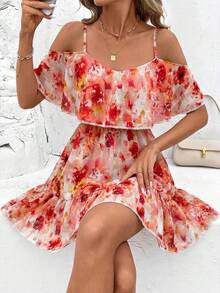 SHEIN Clasi 女士优雅棕色豹纹露肩荷叶边V领A字短裙 - 紅白色 - 查看 3