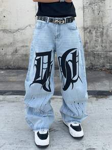 Manfinity EMRG Plus Size Men's Letter Print Button Half-Placket Pocket Casual Loose Wide Leg Jeans - Light Wash - View 3