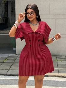 Maweii Plus Size Women's Burgundy Striped Lapel Collar Dress, Sleeveless Waist-Defining Slimming Short Blazer Dress, Suitable For Office Commute, Business Meetings, Mature Dating, Burgundy Fine Stripes With Vintage High-End Feel, Large Lapel Design For Crisp And Elegant Look. - Multicolor - View 4