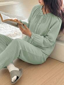 DAZY Sweet Fresh Light Blue All Cotton Ruched Lace Design Loose 2-Piece Women's Pajama Set - Green - View 7