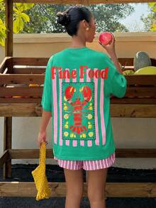 Comfortcana Oversize T-Shirts Casual Minimalist Shrimp Pattern Crew Neck Short Sleeve Ultra Loose Plus Size T-Shirt, Beach Holiday Vacation Mint Green Summer - Green - View 13