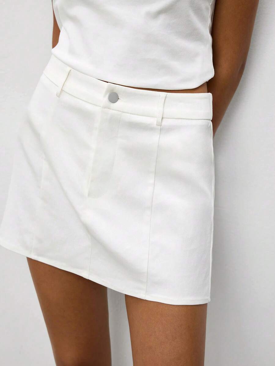 Maija Women's Solid Color Waist Button Design Casual Basic Commuter Skirt,Going Out Party Daily Outfits,Autumn Holiday Outfits Off-White