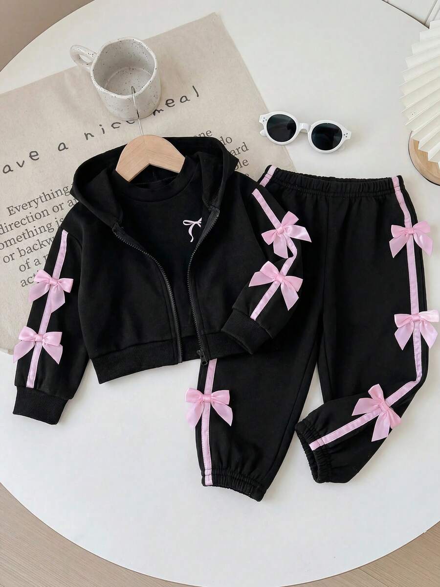 SHEIN 女嬰可愛休閒黑色蝴蝶結連帽衫、彈性腰長褲、吊帶背心 3 件套 - 黑色 - 查看 1
