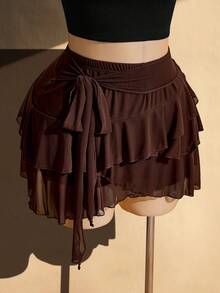 SHEIN ICON Plus Size Retro Sexy Casual Millennial Style Y2K Bohemian Multi-Layer Ruffled Side-Strap Chocolate Brown Mesh Skirt Date Night Autumn Fall - Brown - View 4