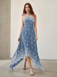 MOTF PREMIUM WOMEN'S BLUE FLORAL FLORAL EMBROIDERED ASYMMETRICAL HEM MIDI DRESS WEDDING GARDEN PARTY VACATION SUMMER SEXY ROMANTIC ELEGANT TROPICAL - Blue - View 1