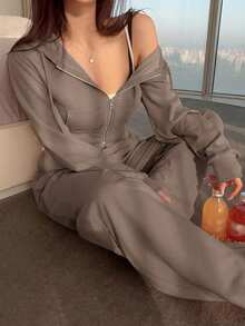 DAZY Women's Two-Piece Sweatshirt And Pants Set With Dual-Ended Zipper Tracksuits Women Set Hoodie Lounge Sets For Women - Brown - View 1