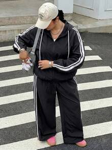 SHEIN EZwear 大尺碼女款條紋拼接拉鍊開襟連帽外套 - 黑與白 - 查看 6