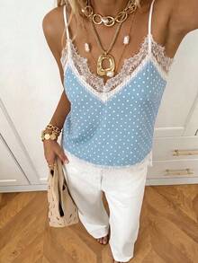 SHEIN EZwear 休闲简约风白色底雾蓝色背景白色波点印花无袖上衣，优雅性感女士吊带背心，女士纯色蕾丝拼接吊带背心，适合春夏穿着 - 彩色 - 查看 4