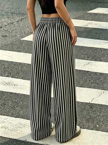 SHEIN Women's Casual Striped Colorblock Minimalist Drawstring Waist Long Pants - Navy Blue - View 2