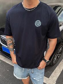 DAZY 男士圓領幾何印花休閒百搭日常旅行短袖T恤圖案上衣夏季 - 藏蓝色 - 查看 2