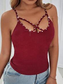 Glamine Top de tirantes acanalado con strass y diseño calado con tiras cruzadas para mujer - Rojo - Ver 5