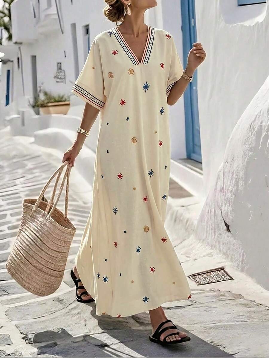 Isle Nomé Women's Striped V-Neck Short Sleeve Casual Tropical Boho Jamican Sexy Loose Fit Vacation Dress Beach Beige Summer - Beige - View 1