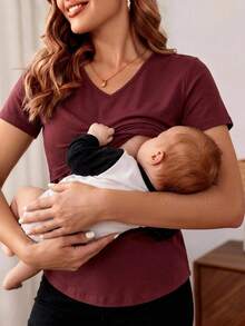 SHEIN Maternidad Camiseta de cuello V amamantamiento - Burdeos - Ver 3