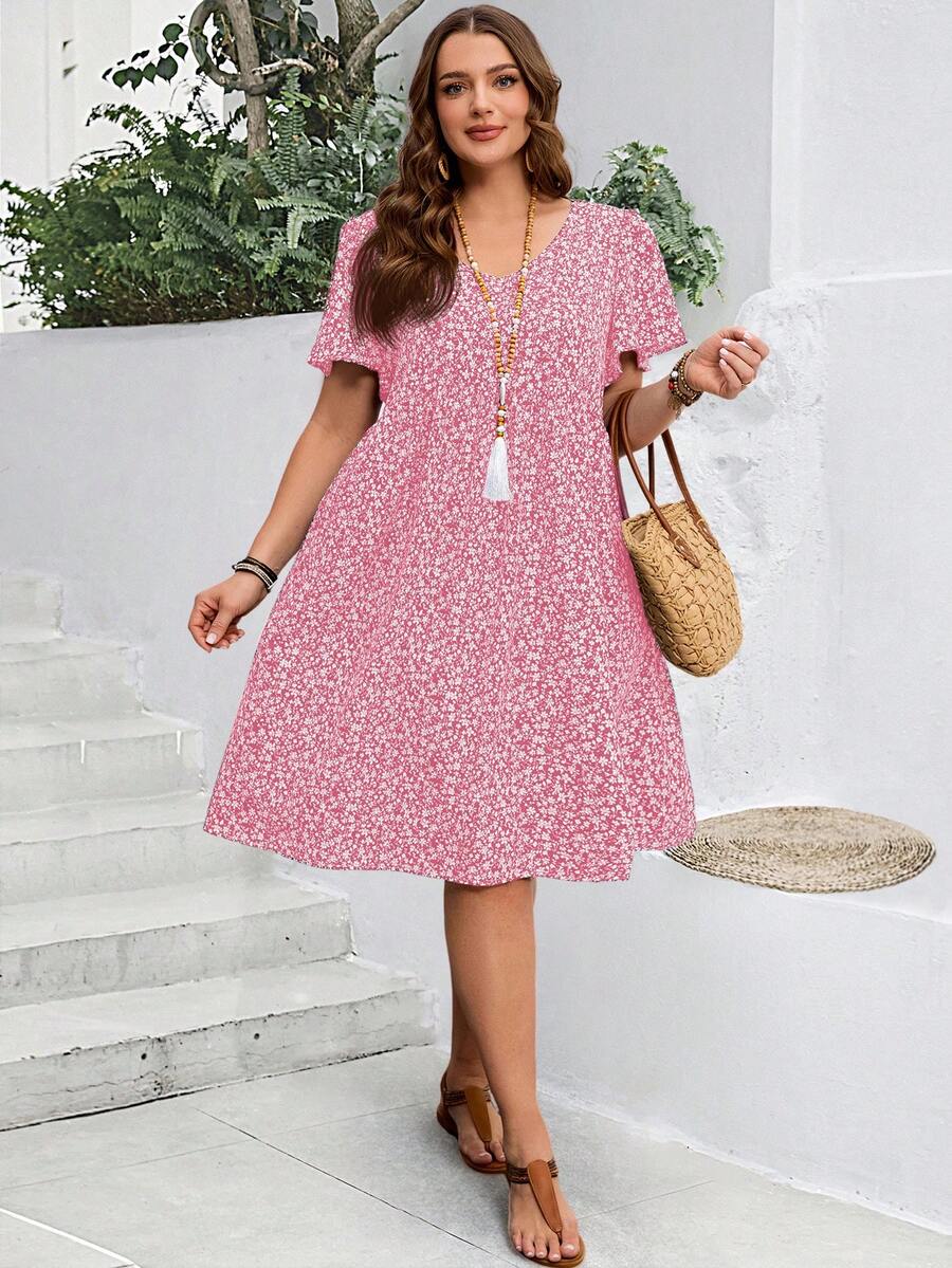 EMERY ROSE Vestido de vacaciones de verano con mangas con volantes y estampado floral pequeño para mujer de talla grande - Rosa coral - Ver 1
