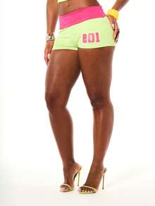 SUMWON WOMEN Color Block Mini Hot Pants With Contrast Waistband And Varsity Text Print Front And Back - Multicolor - View 5