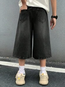 SHEIN 兒童青少年男孩口袋鈕扣休閒街頭風百搭日常穿著校園牛仔長褲返校深色水洗夏季 - 黑色 - 查看 2