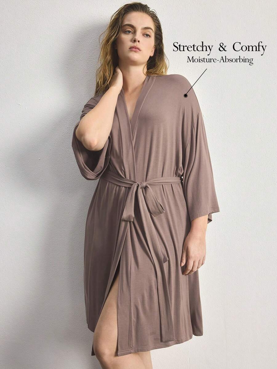 Ocili Plus Size Leisure Ultra Soft Robe, Silky & Breathable, Pairs Well With All Basics - Brown - View 1