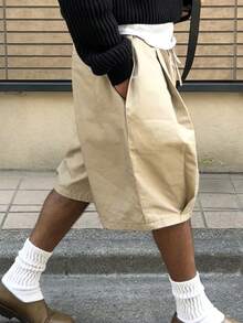 Manfinity Dauomo Men's Plus Size Solid Color Drawstring Waist Casual Versatile Daily Travel Shorts - Khaki - View 3
