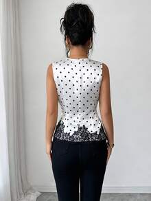 Elenzga V-Neck Polka Dot Tank Top Women's V-Neck Sleeveless Top, Waist Ruched, Polka Dot Pattern, Asymmetric Lace Spliced Hem, French Elegant Casual Style, Versatile For Daily Outdoor Commute - Black and White - View 2