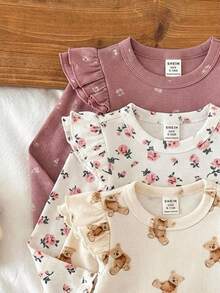 LMoss Kids Baby Girl Autumn/Winter Cute Versatile Casual Knit Solid Color Flutter Sleeve Long Sleeve Top 3-Piece Set - Multicolor - View 2