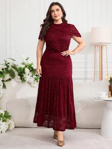 Modelyn Plus Size Women's Round Neck Solid Color Floral Lace Ruffle Hem Dress Evening Wedding Burgundy Summer Formal Elegant - Burgundy - View 7