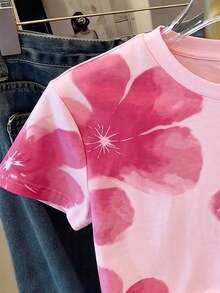1件女童夏季新款圓領花卉印花短袖寬鬆簡約百搭T恤 - 彩色 - 查看 4